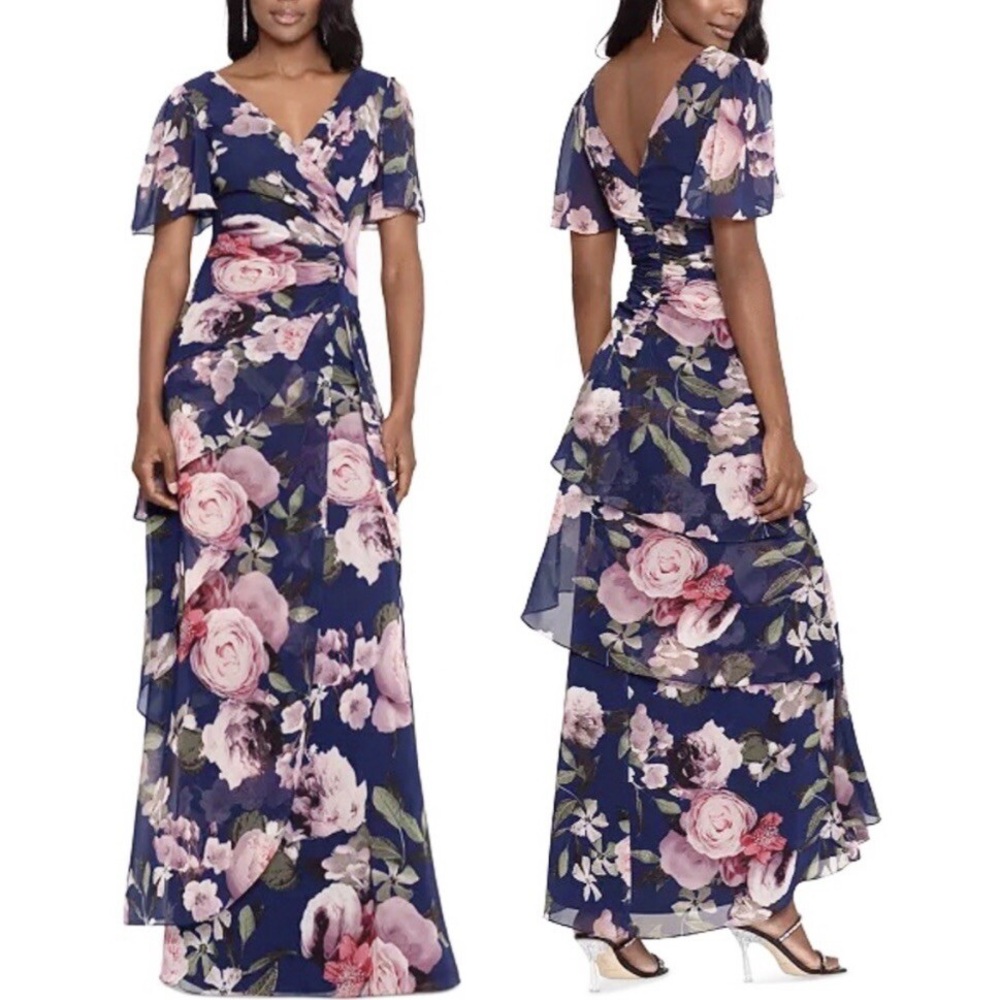 XScape Size 10 Navy Floral Women's Surplice Tiered Chiffon Gown